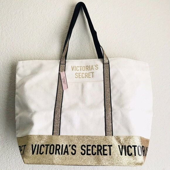 VS TOTE Canvas Bag Gold Glitter -  Zippered Top - Picture 3 of 3